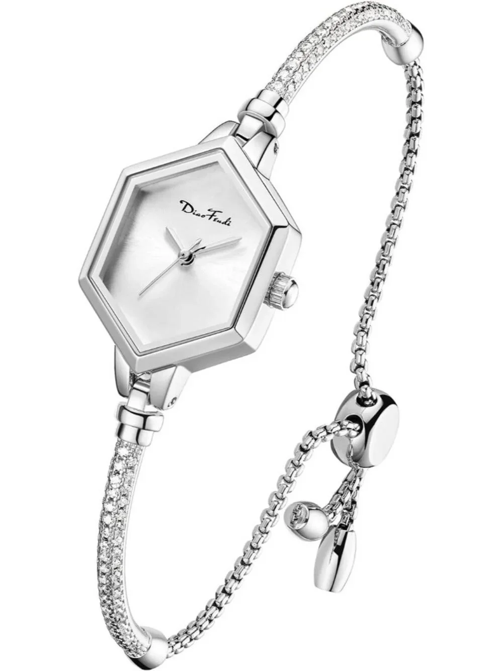 Women's Steel Shell - White Diamond Analog Hexagonal Mini Bracelet Watches